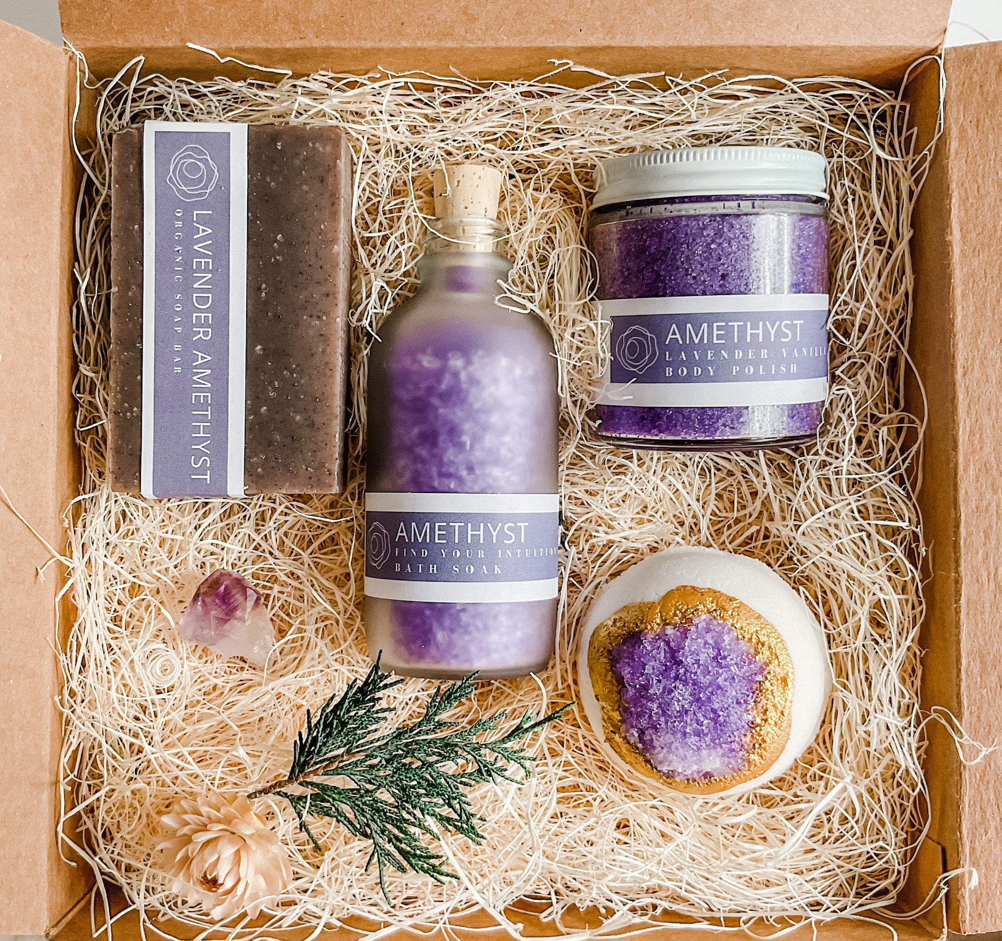 Amethyst Crystal Bath Gift Set - Handmade with Natural Ingredients. Hidden Forest Naturals